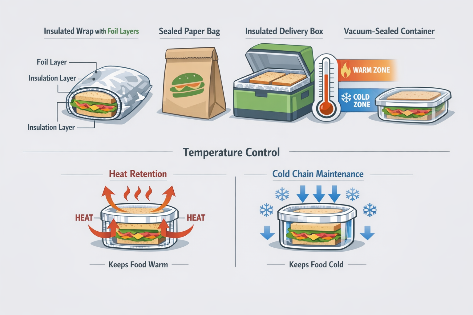 Educational diagram showing four sandwich packaging methods: insulated foil wrap with labeled layers, sealed paper bag, insulated delivery box with temperature gauge, and vacuum-sealed container, plus heat retention and cold chain diagrams