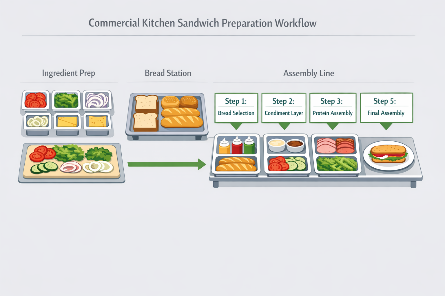Educational diagram showing the commercial kitchen sandwich preparation workflow including ingredient prep area, bread station, and five-step assembly line with labeled stations