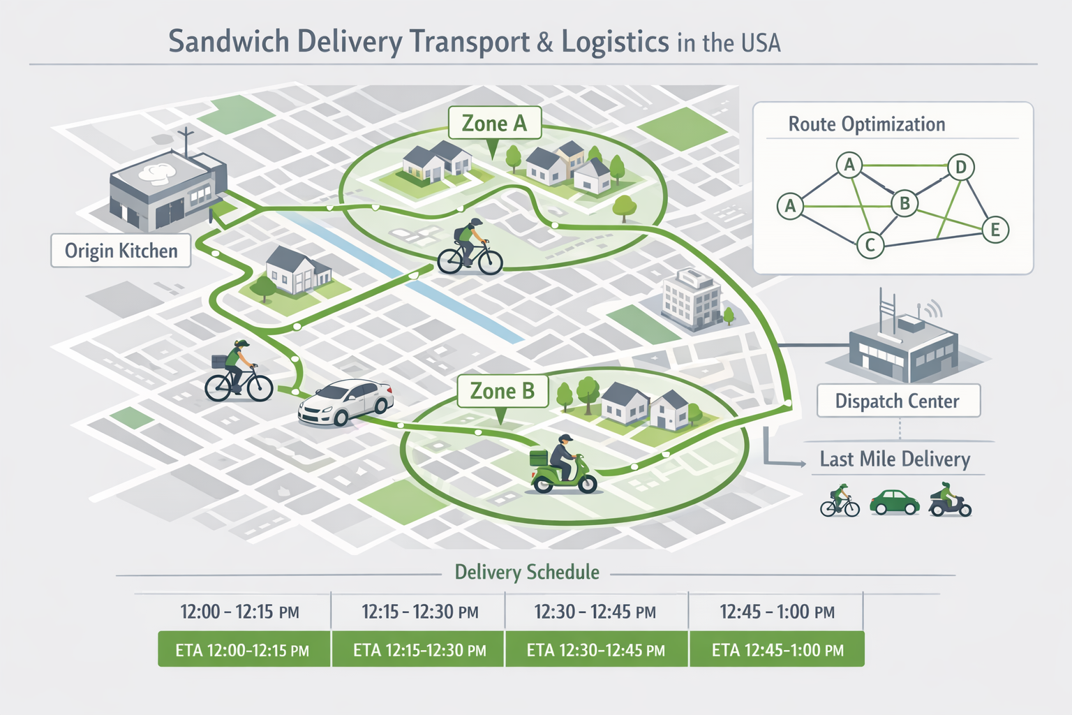 Educational isometric city map diagram showing sandwich delivery transport system with origin kitchen, Zone A and Zone B delivery areas, bicycle and motorcycle couriers, route optimization node diagram, dispatch center, and last-mile delivery schedule